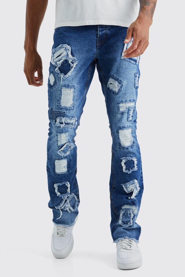 Tall Slim Rigid Flare Patchwork Distressed Jean | boohooMAN USA Product Image