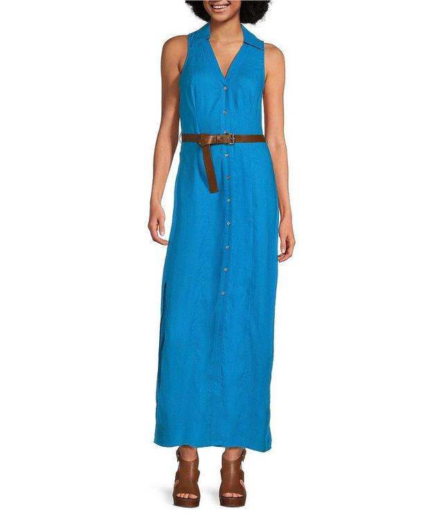 Michael Kors Linen Blend Point Collar V-Neck Sleeveless Button Front Belted A-Line Maxi Dress Product Image