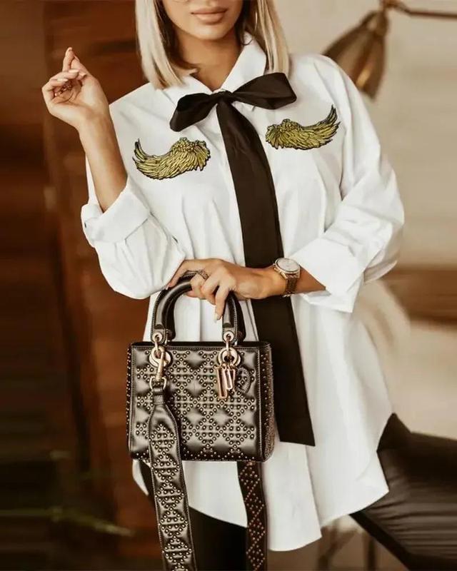 Olivia Mark – Wings Embroidered Tie Detail Button Down Shirt Product Image