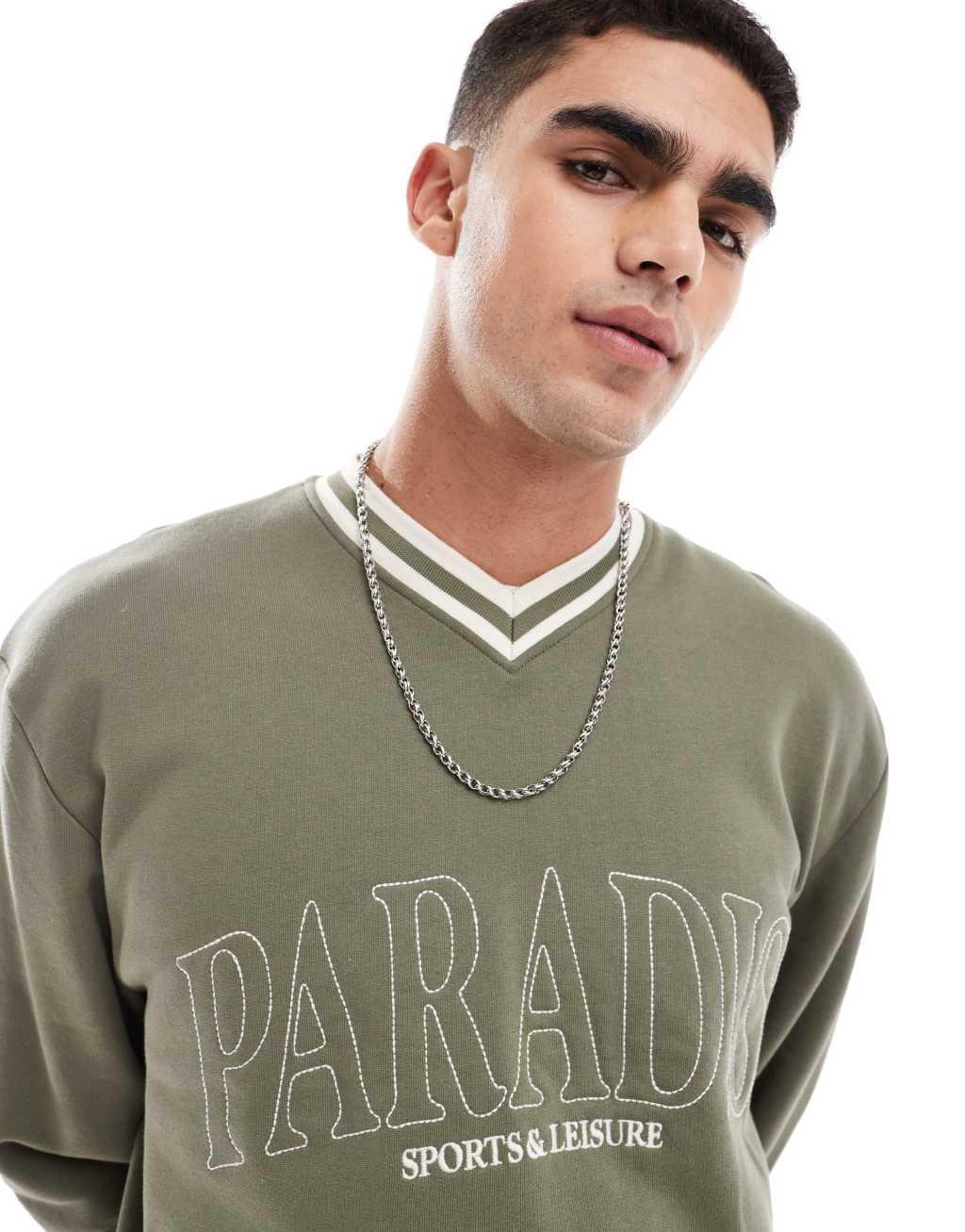 ASOS DESIGN oversized boxy v neck sweatshirt with print in green Product Image