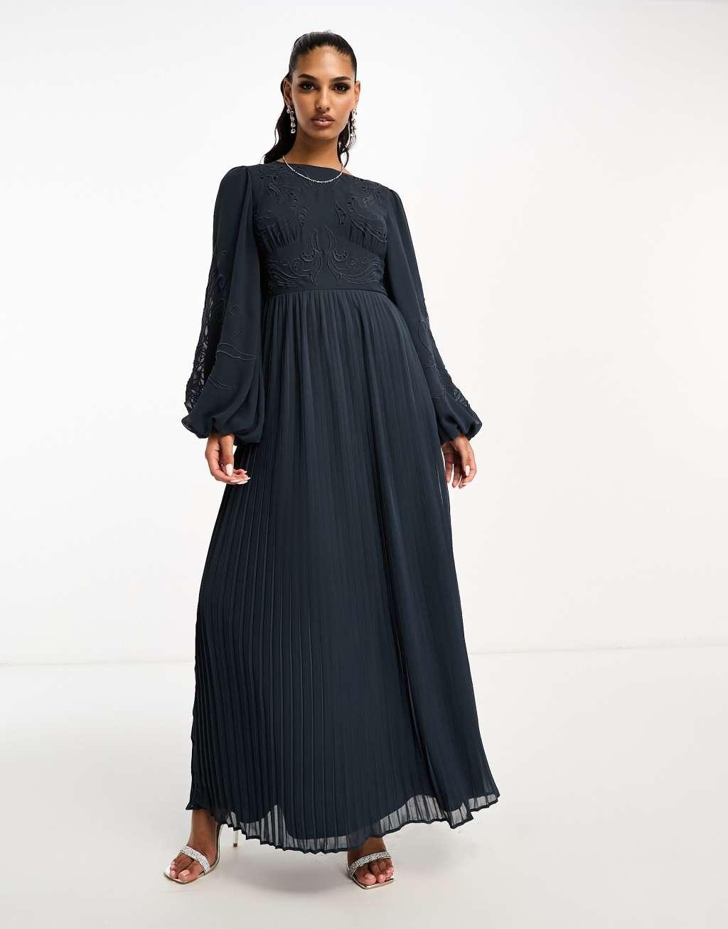 ASOS DESIGN cutout embroidery pleated maxi dress in slate blue Product Image