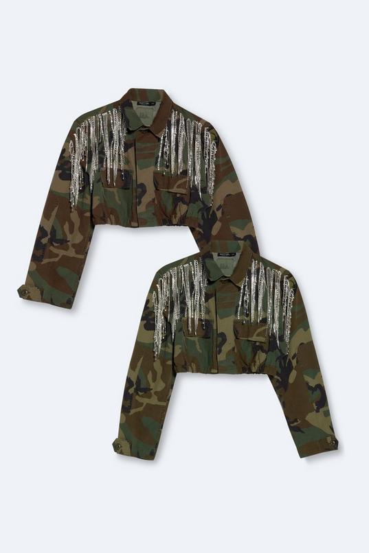 Embellished Fringe Cropped Camo Jacket Product Image