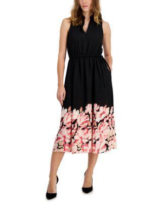 Anne Klein Womens Jenna Floral-Hem Drawstring-Waist Midi Dress - Anne Black Product Image