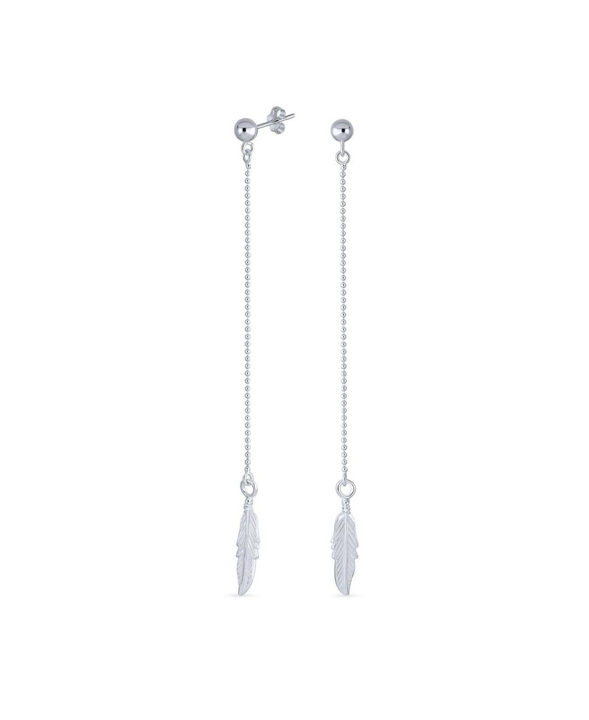 Bling Jewelry Boho Minimalist Long Thin Linear Beaded Ball Chain Feather Leaf Dangle Earrings Western Jewelry For Women .925 Sterling Silver - Silver Product Image