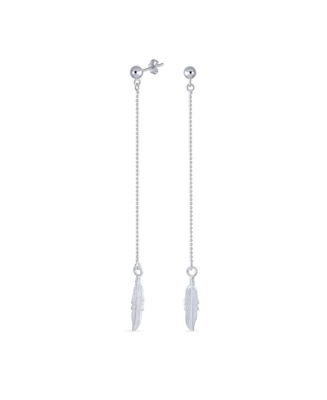 Bling Jewelry Boho Minimalist Long Thin Linear Beaded Ball Chain Feather Leaf Dangle Earrings Western Jewelry For Women .925 Sterling Silver - Silver Product Image