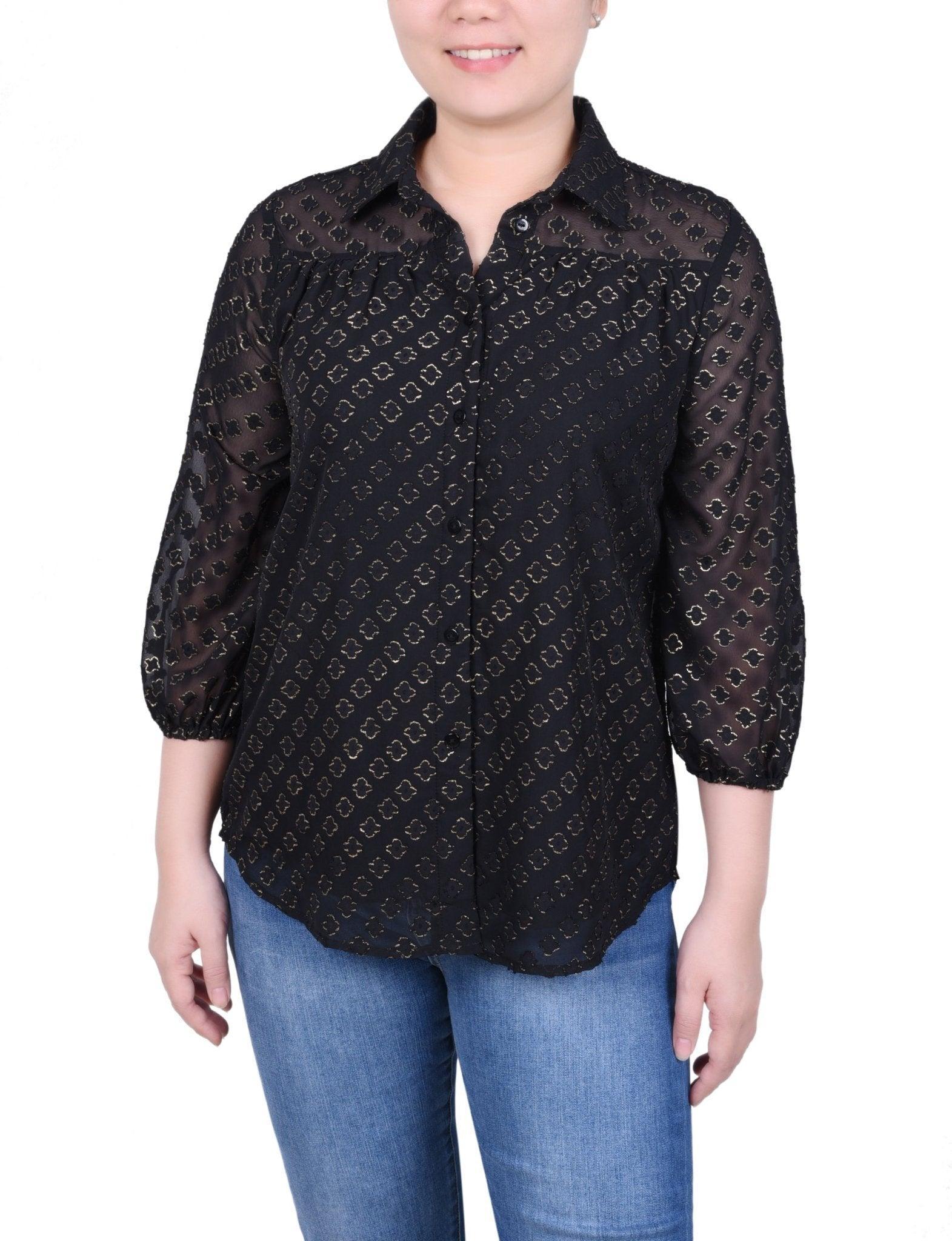 3/4 Length Sleeve Foiled Jacquard Chiffon Blouse - Petite product image