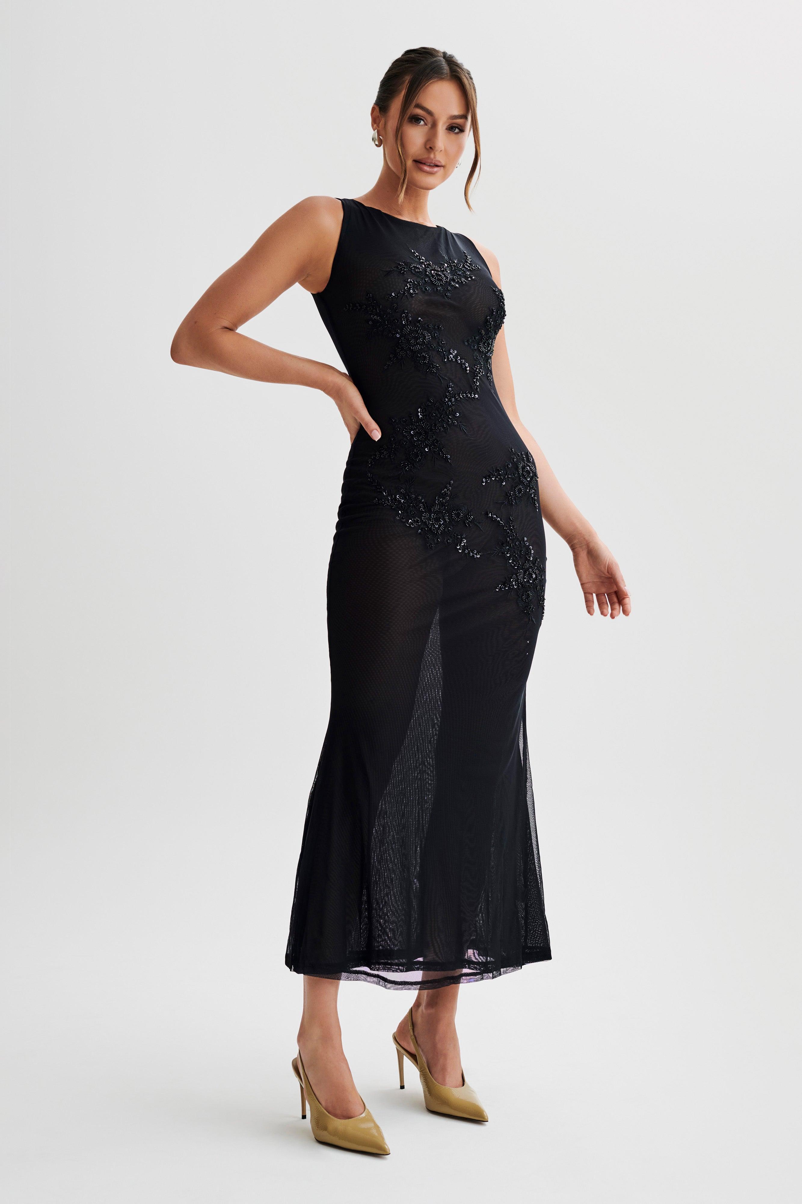 Maeva Embroidered Mesh Maxi Dress - Black Product Image