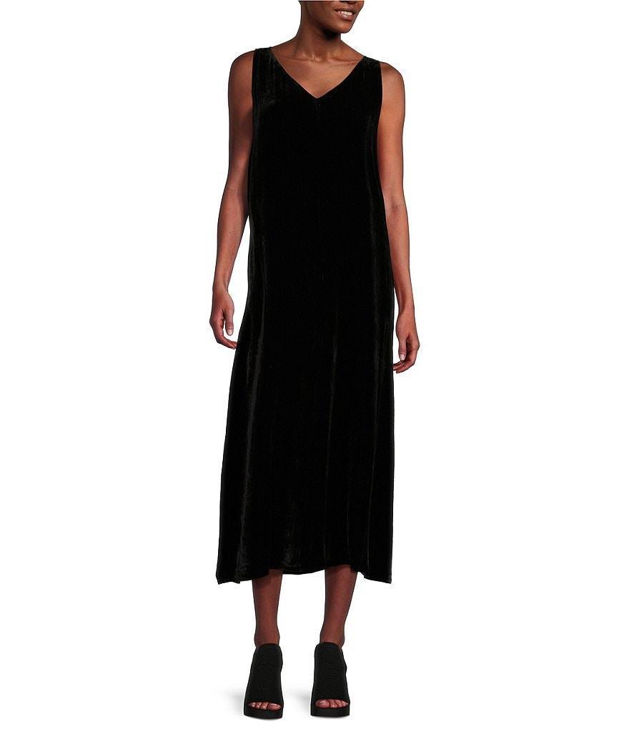 Eileen Fisher Washed Velvet V-Neck Sleeveless Midi Dress Product Image