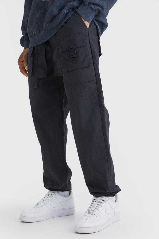 Mens Black Elastic Waist Straight Leg Nylon Buckle Cargo Trouser, Black Product Image