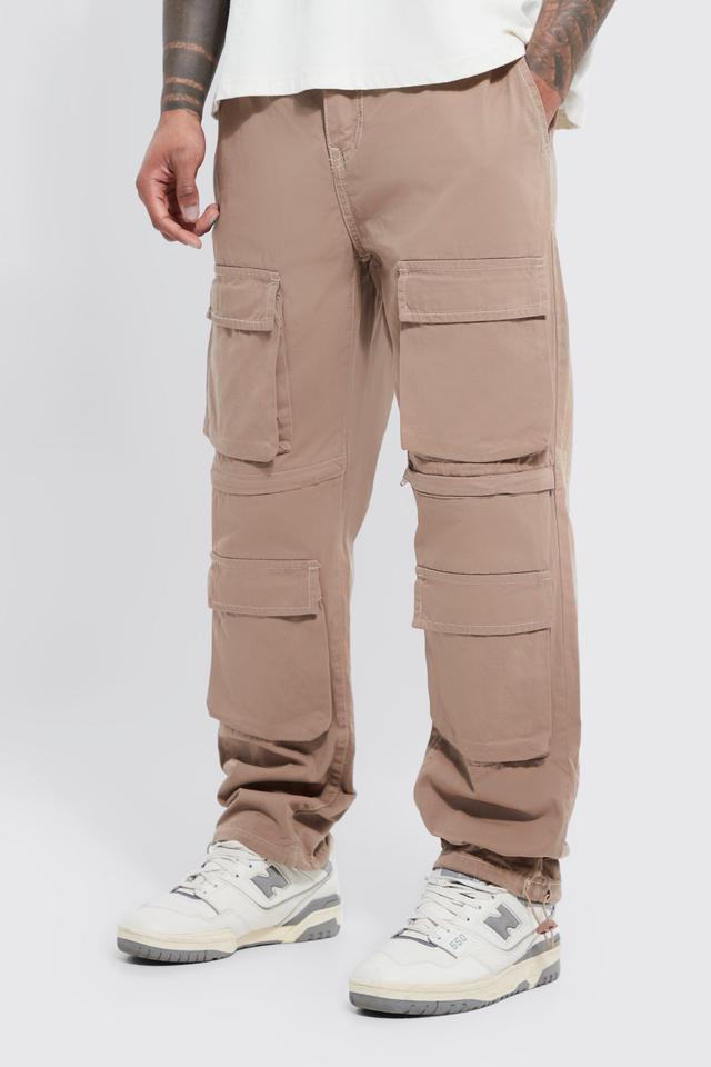 Mens Beige Elasticated Waist Zip Detail Multi Pocket Straight Fit Cargo Trousers, Beige Product Image