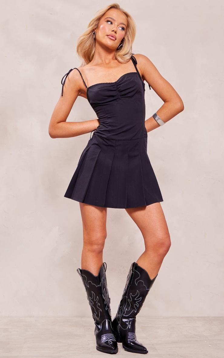 Black Tailored Woven Ruched Pleated Shift Dress Product Image