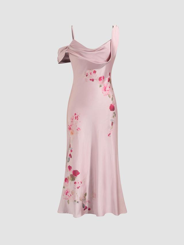 Satin Asymmetrical Neck Floral Midi Dress Product Image