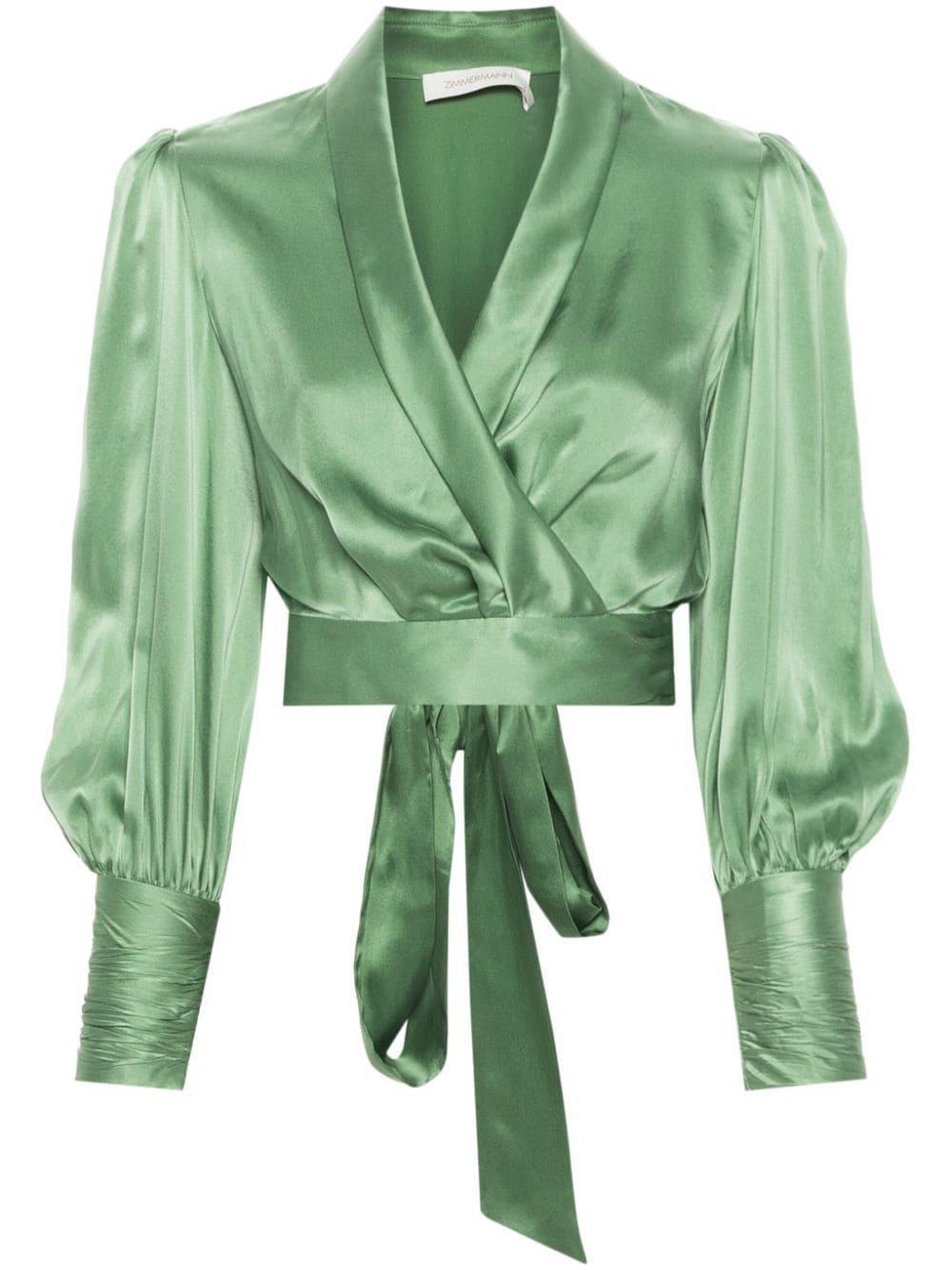 Silk Wraparound Blouse In Green Product Image