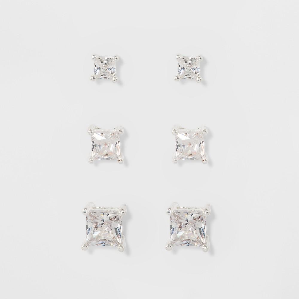 Womens Fashion Trio Crystal Square Stud Earring Set 3pc - A New Day Silver Product Image