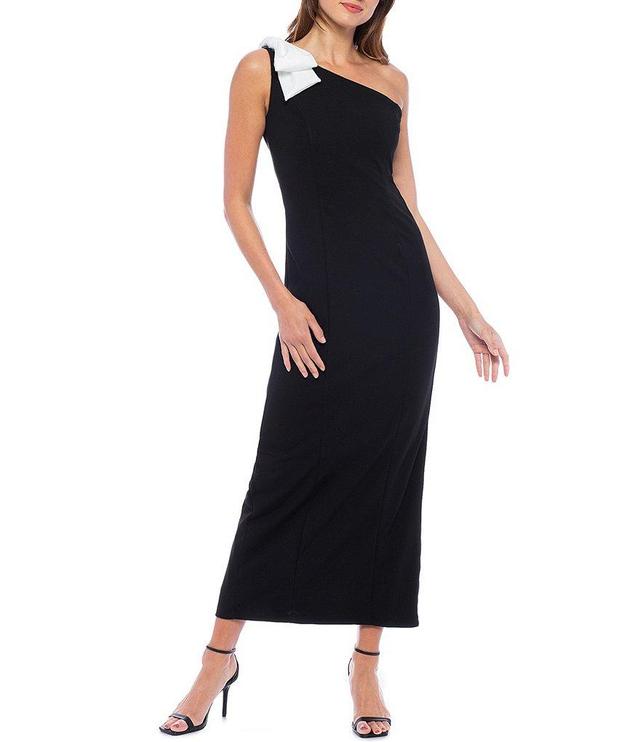 Marina Scuba Crepe Sleeveless Bow Embellished One Shoulder Sheath Gown Product Image