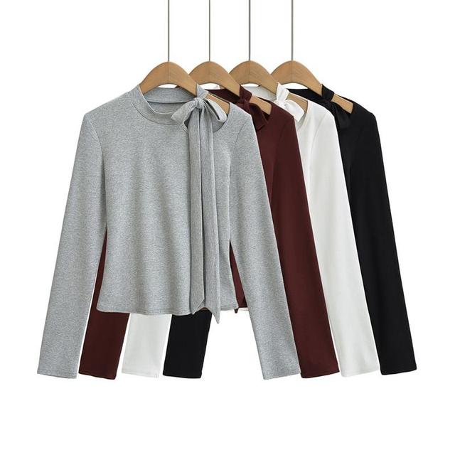 Long Sleeve High Neck Plain Bowknot Detail Crop T-Shirt Product Image