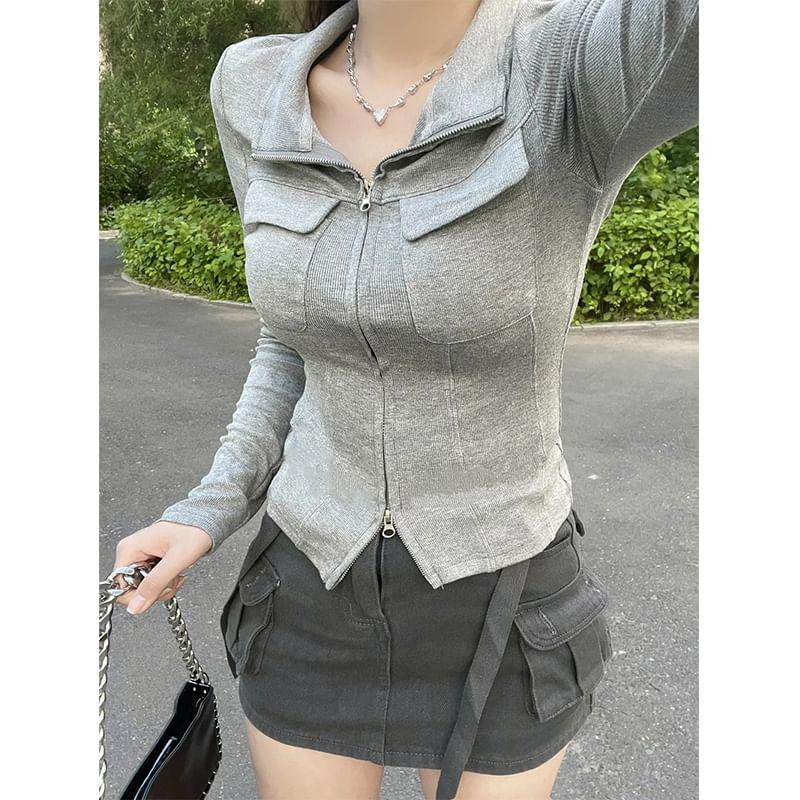 Stand Collar Plain Flap Pocket Zip Jacket Product Image