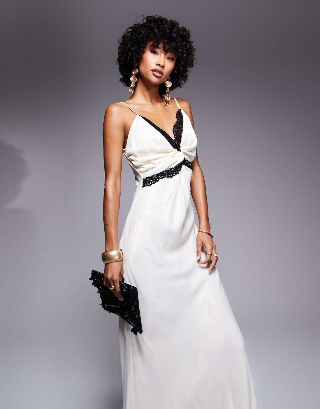 ASOS DESIGN satin lace mix twist front maxi dress in ecru Product Image