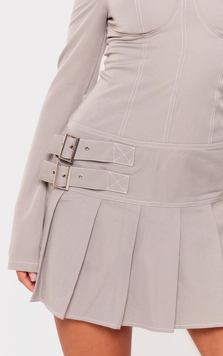 Grey Twill Buckle Contrast Stitch Pleated Shift Dress Product Image