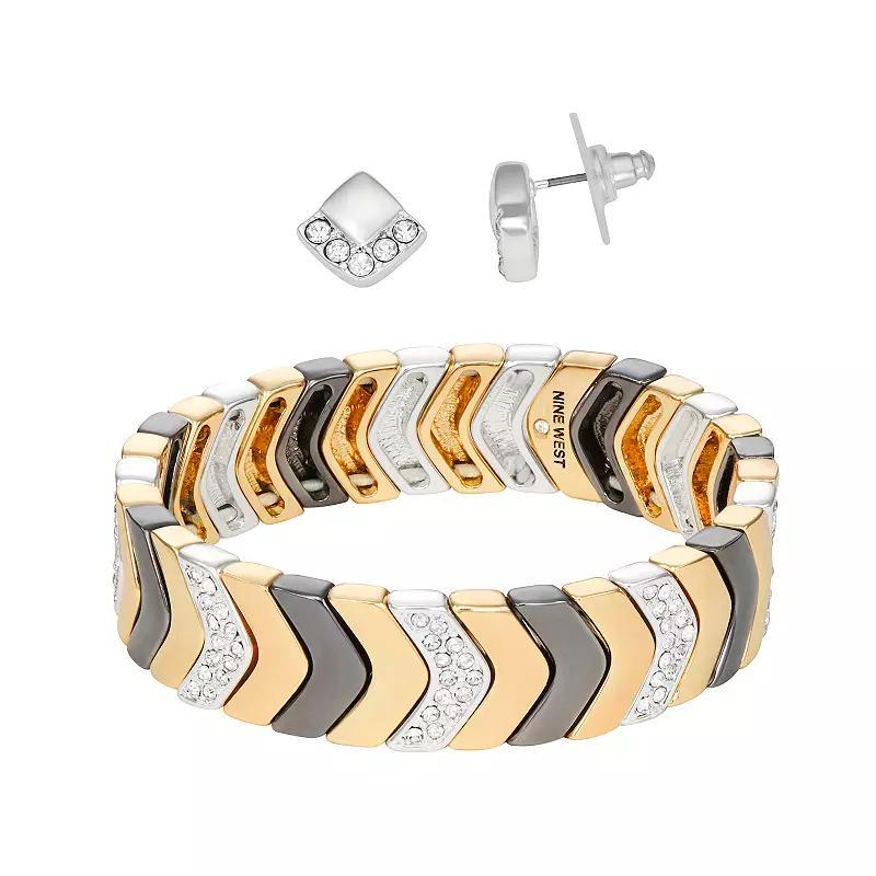 Nine West Tri-Tone Herringbone Bracelet & Stud Earring Set, Womens, Multi Product Image