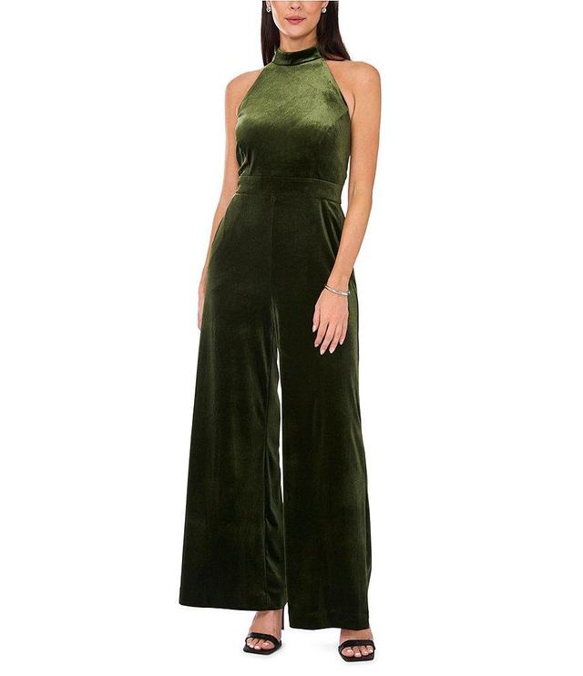 1. STATE Velvet Halter Bow Tie Neck Sleeveless Wide Flounce Leg Jumpsuit Product Image