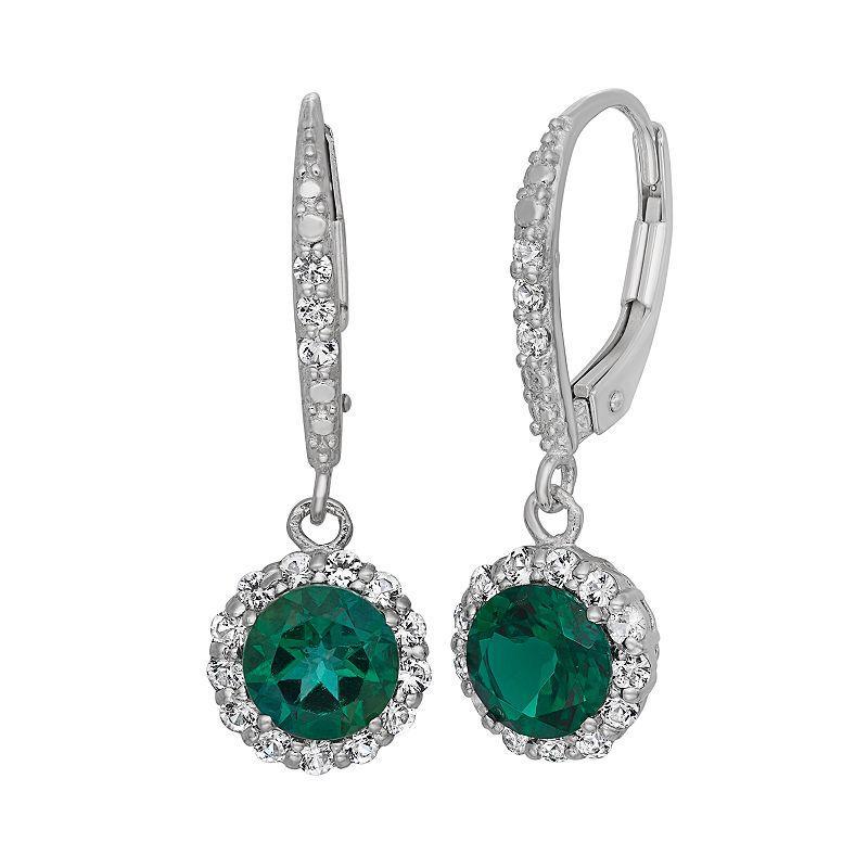 Designs by Gioelli Lab-Created Emerald and Lab-Created White Sapphire Sterling Silver Halo Drop Earrings, Womens, Multi Product Image