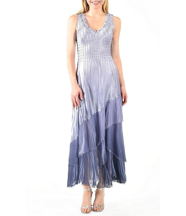 Komarov Ruffled Tiered Embellished Colorblock V-Neck Sleeveless A-Line Maxi Dress Product Image