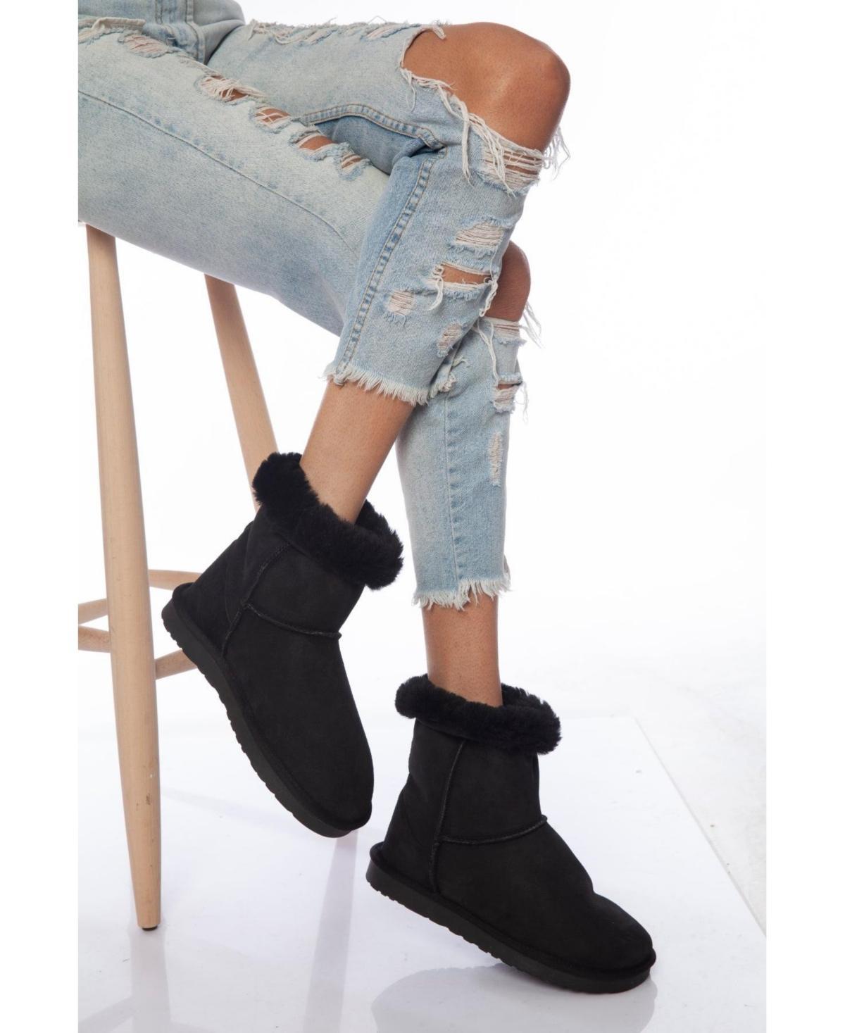 Womens Sheepskin Short Boots with Black Wool - Black Product Image