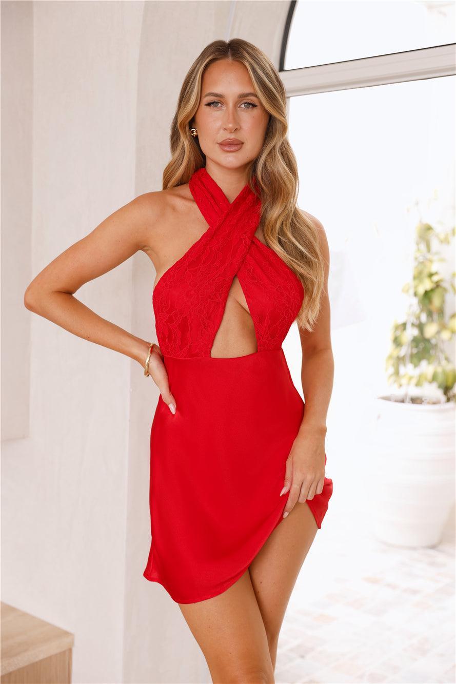 HELLO MOLLY Heat Of The Moment Halter Satin Mini Dress Red Product Image