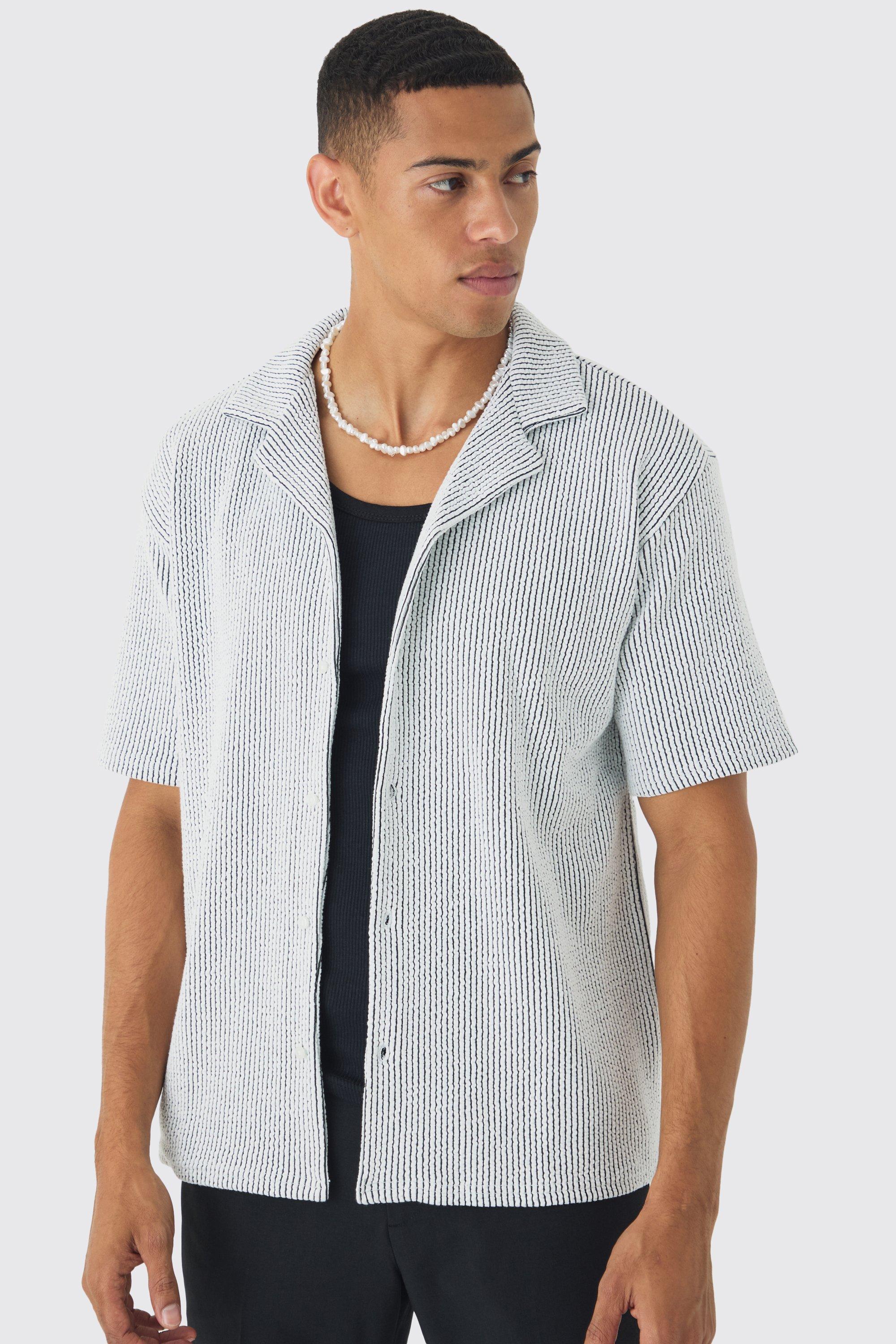 Oversized Two-tone Ribbed Revere Jersey Shirt | boohooMAN USA Product Image