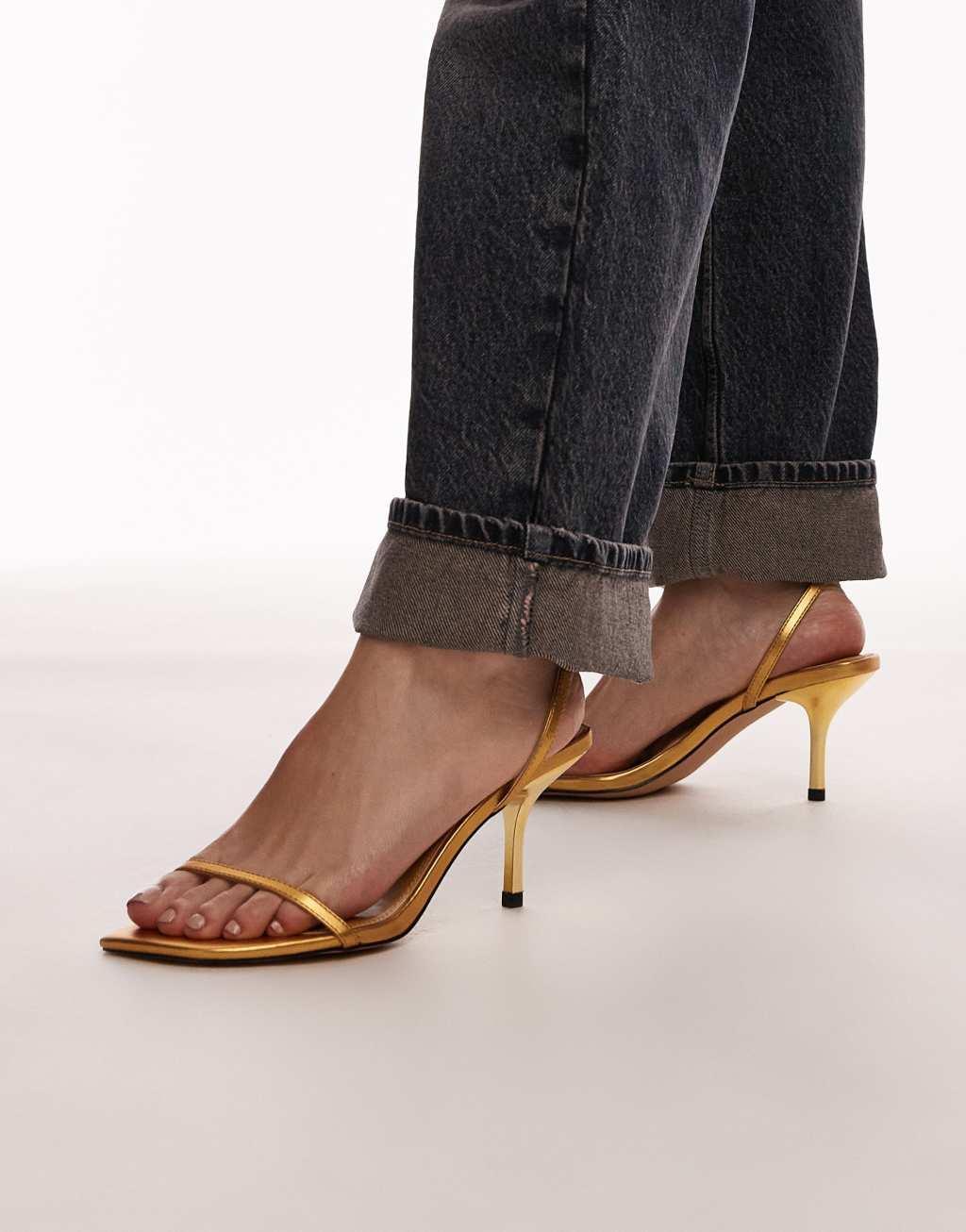 Topshop Fina barely there mid heeled sandals in gold Product Image