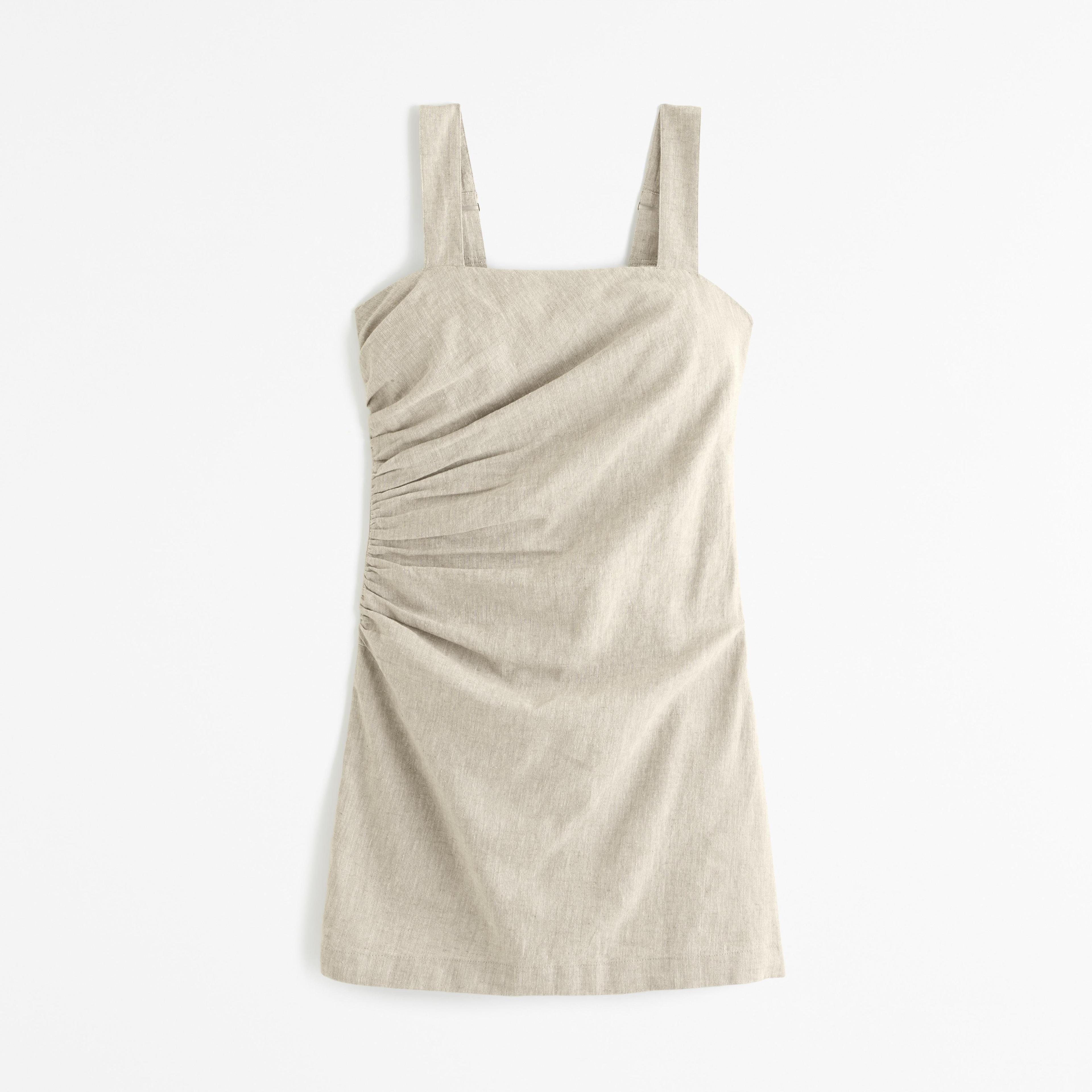 Linen-Blend Ruched Squareneck Mini Dress Product Image