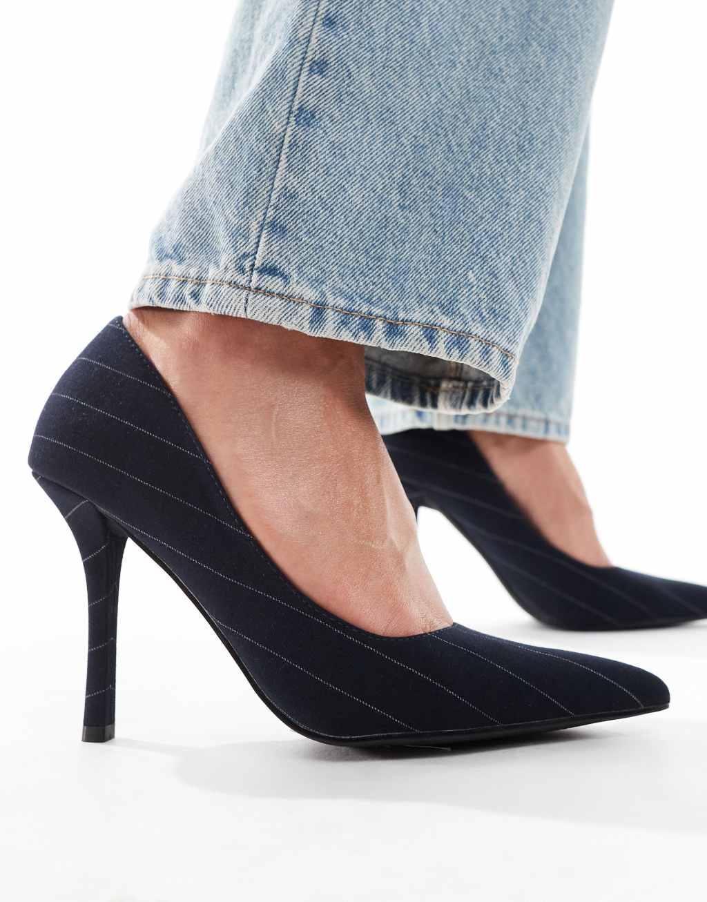 Public Desire Evita pointed heeled shoes in black pinstripe Product Image