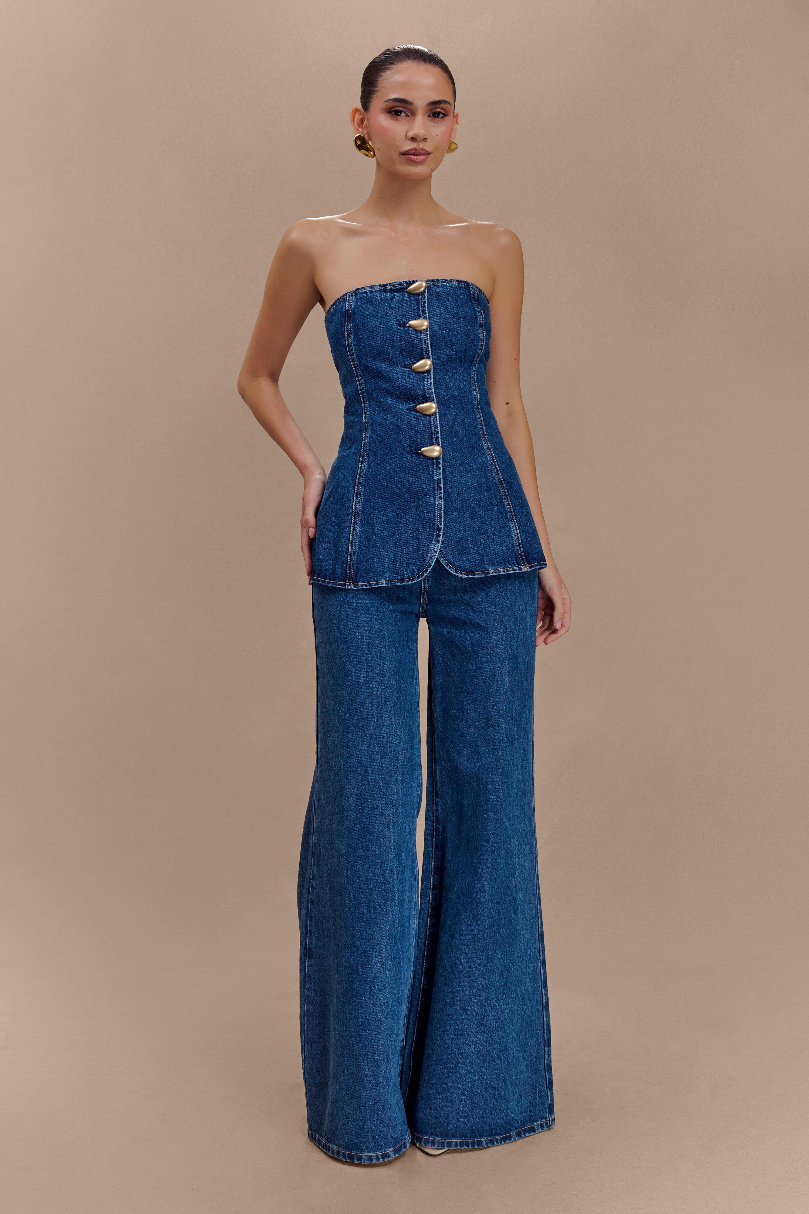 Lennox Strapless Long Line Button Top - Dark Blue Product Image