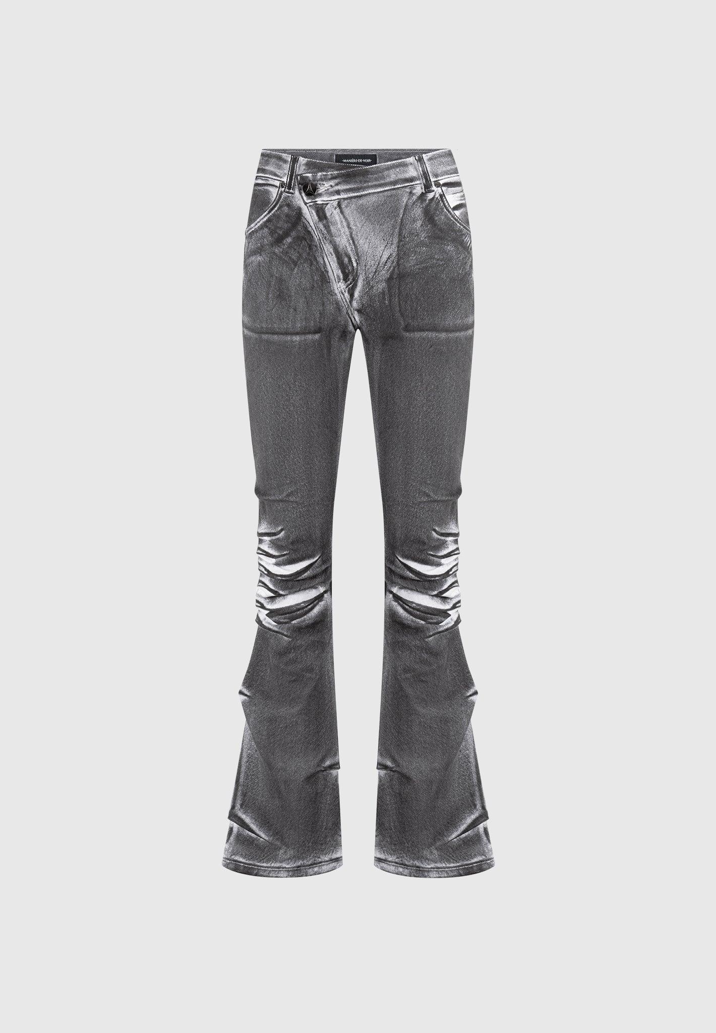 Oil Print Tacked Fit and Flare Jeans - White/Grey Female Product Image