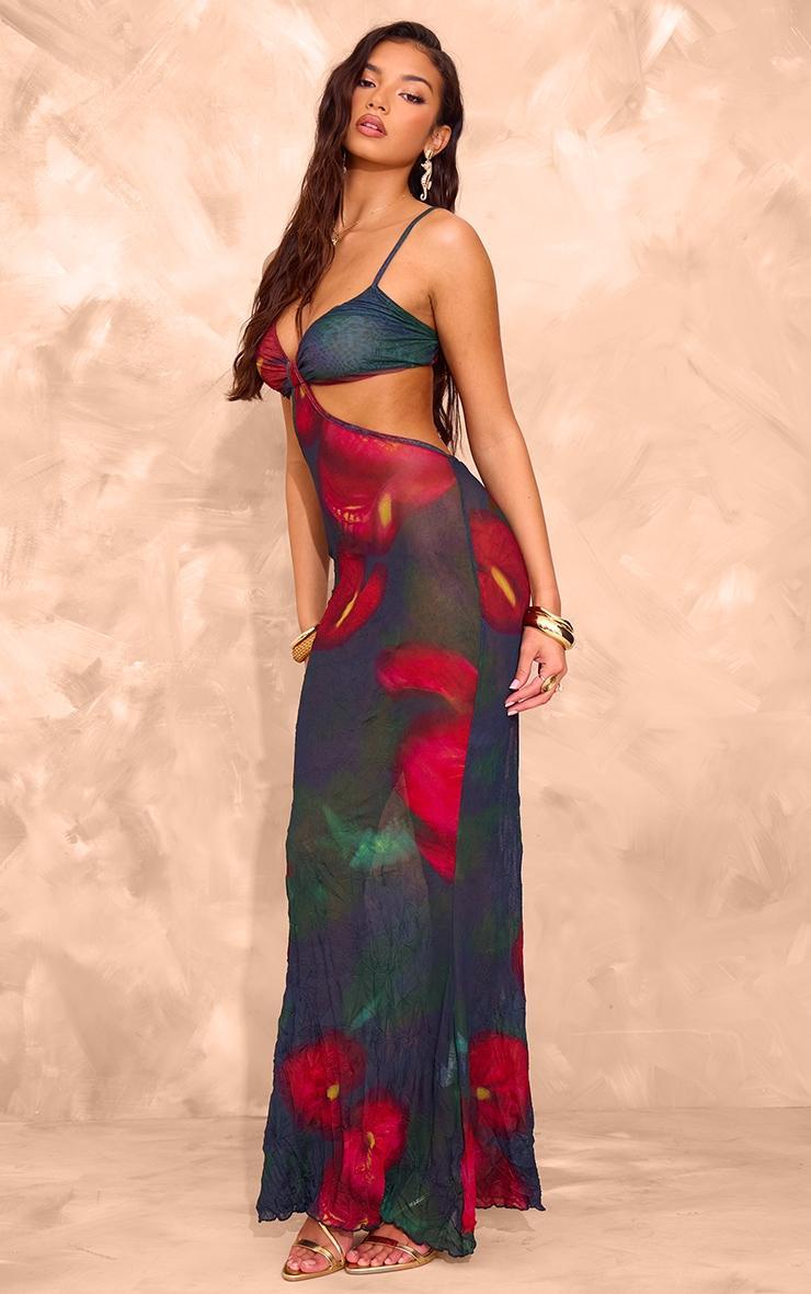 Red Abstract Print Crinkle Mesh Cut Out Maxi Dress product image