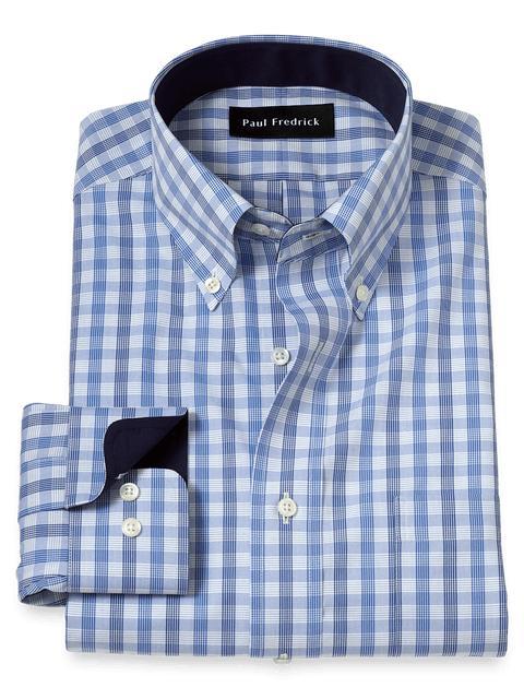 Non-Iron Cotton Plaid Dress Shirt With Contrast Trim - Blue Product Image