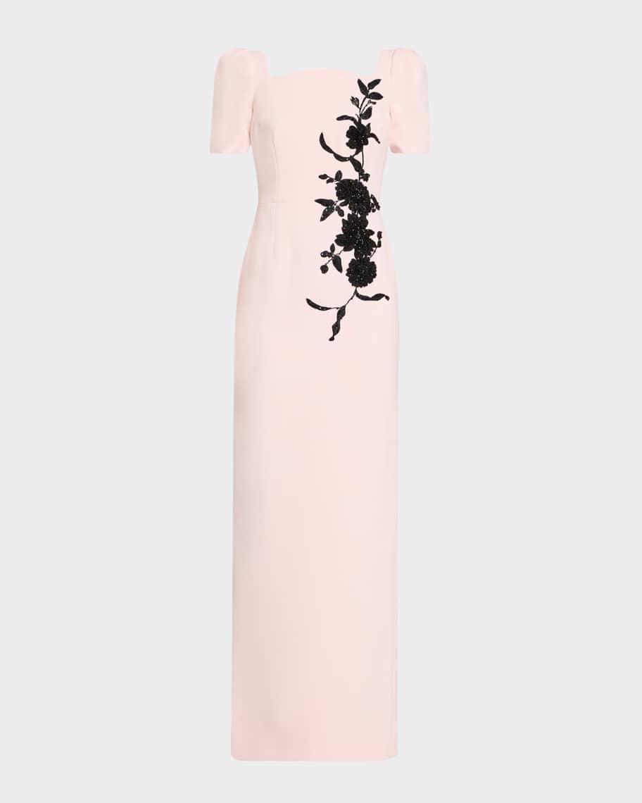 Floral Applique Crepe Column Gown Product Image