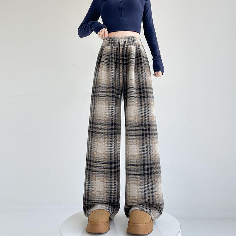 Drawstring Waist Plaid Wide Leg Pants product image