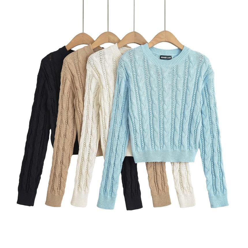 Crew Neck Plain Cable Knit Cropped Sweater Product Image