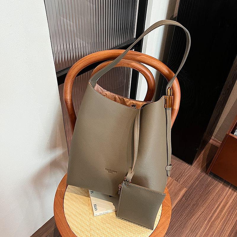 Set: Plain Faux Leather Tote Bag + Pouch Product Image