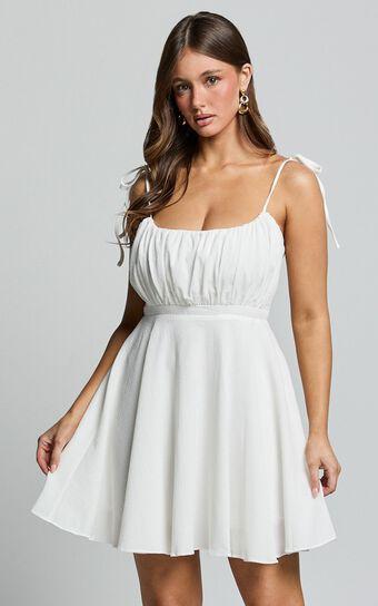 Aziah Mini Dress - Tie Shoulder Ruched Bodice Dress in White product image