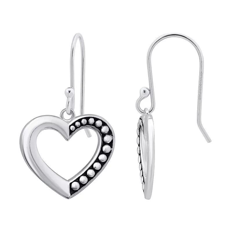 Aleure Precioso Sterling Silver 1/2 Beaded & 1/2 Polished Open Heart Fishhook Drop Earrings, Womens Product Image