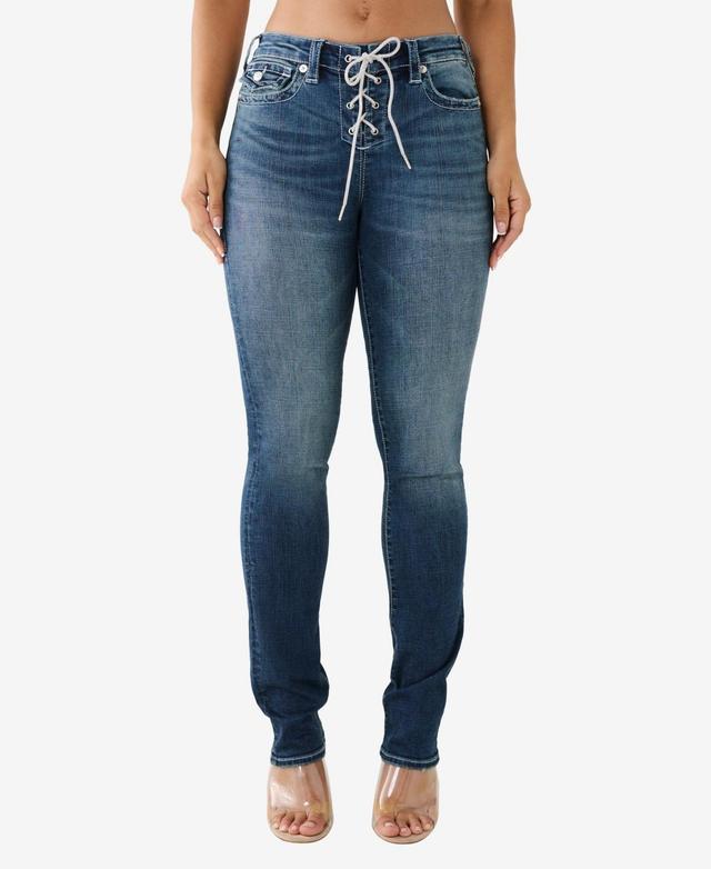 True Religion Womens Billie Lace Up Crystal Flap Straight Jeans Product Image