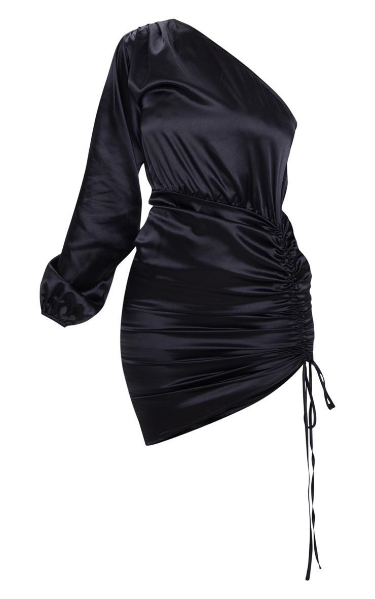 Black One Shoulder Ruched Satin Bodycon Dress Product Image