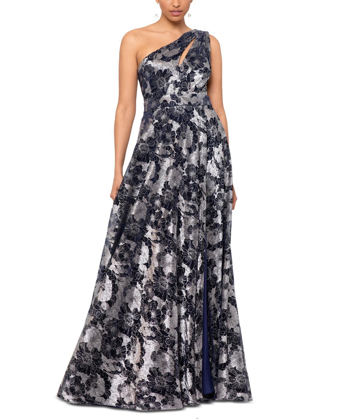 Betsy  Adam Metallic Floral One Shoulder Keyhole Sleeveless Gown Product Image