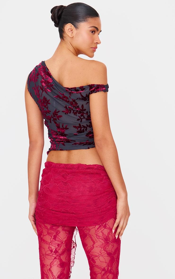 Burgundy Devore Floral Detail Asymmetric Shoulder Long Top Product Image