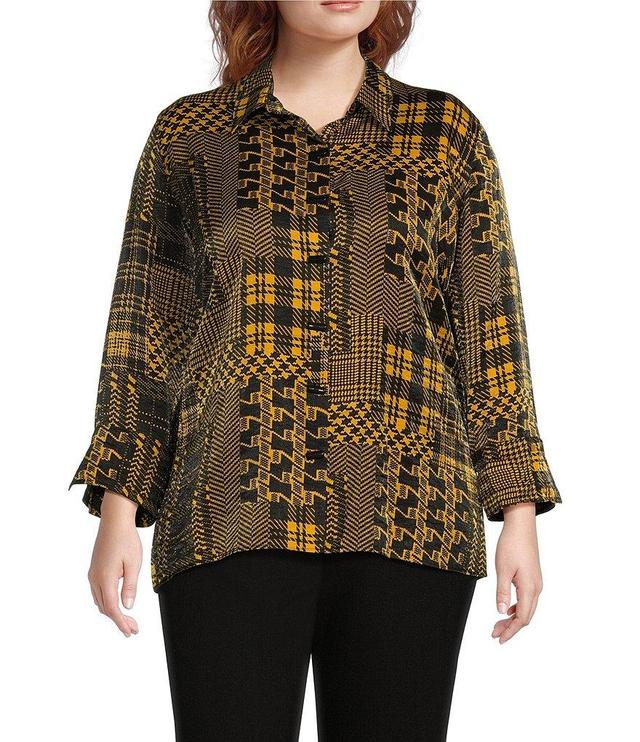 Multiples Plus Size Shimmer Woven Printed Point Collar 3/4 Turn Up Cuff Sleeve Hi-Low Hem Button-Front Shirt Product Image