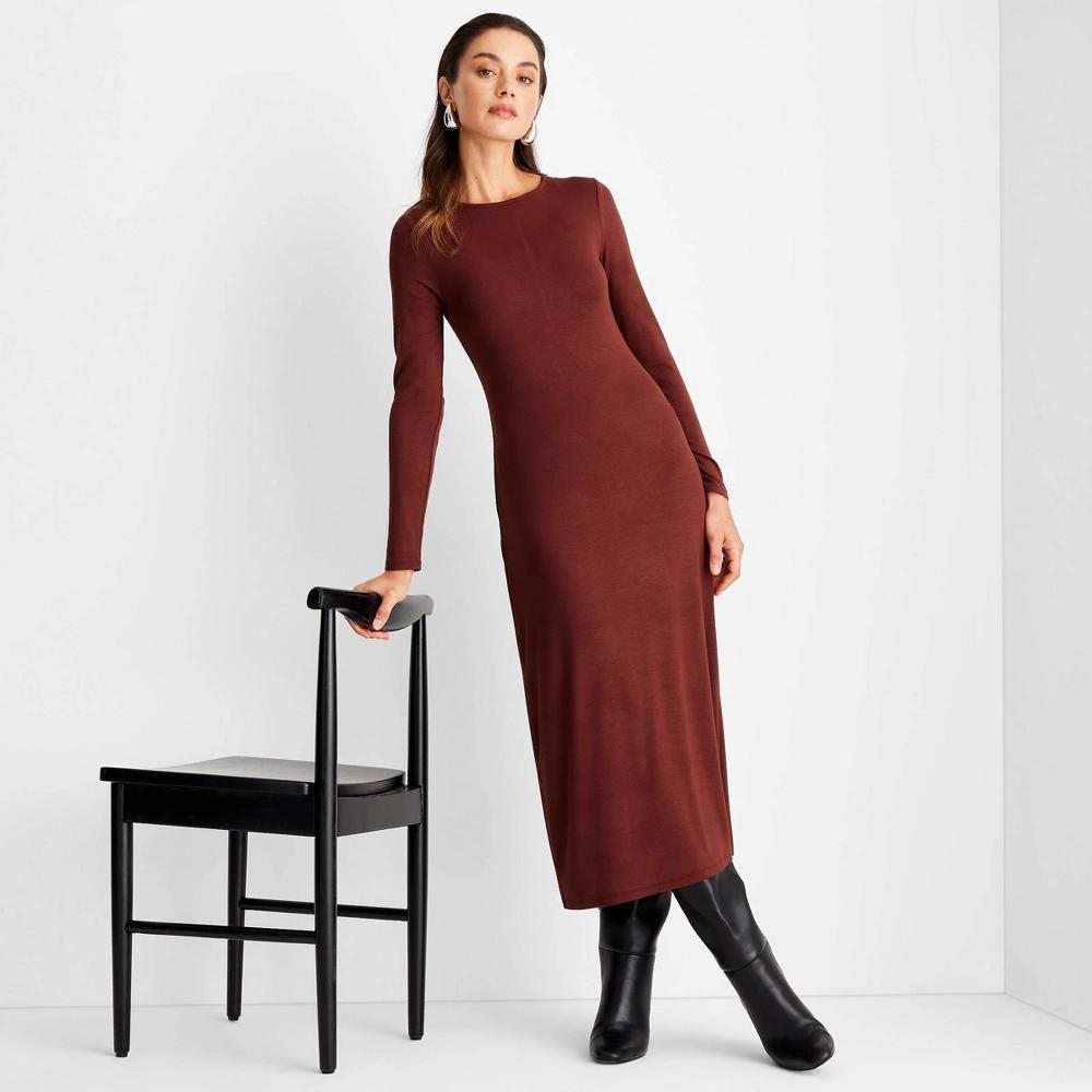 Women's Long Sleeve Ribbed Midi Bodycon Dress - A New Day™ Brown S Product Image