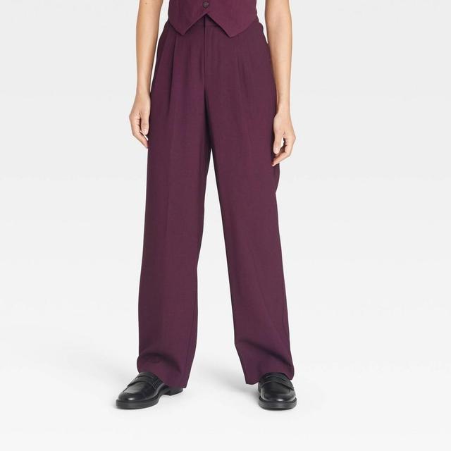 Womens High-Rise Pleat Front Straight Trousers - A New Day Burgundy 14 Product Image